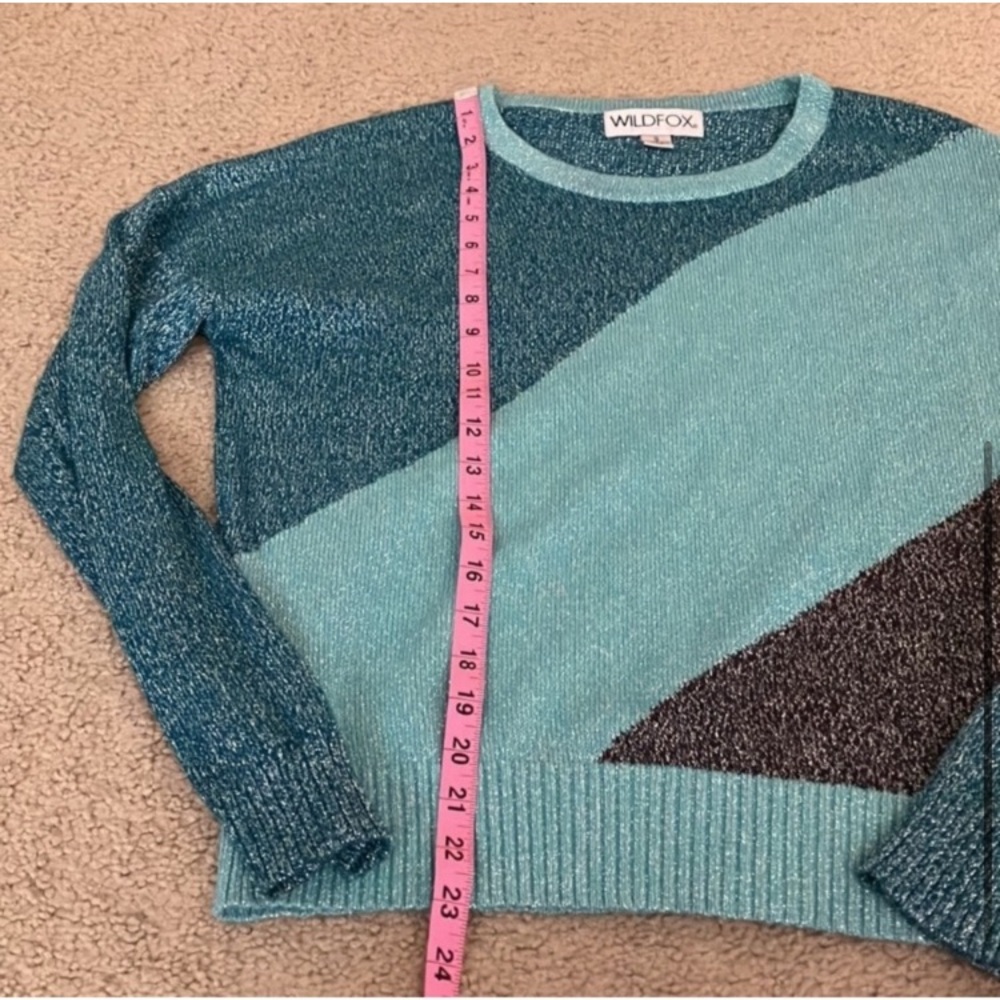 Wildfox Blue Sparkle Knit Crew Neck Sweater with Color Block - Picture 3 of 4